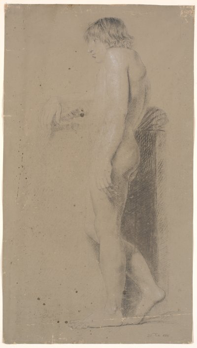 Modelo masculino de pie. Perfil izquierdo. Apoyado en un pedestal alto. Brazo derecho extendido de Nicolai Abildgaard