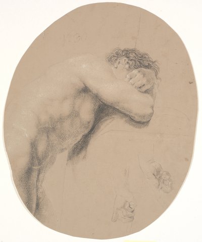 Modelo de pie, apoyado en un alto pedestal, con los brazos cruzados descansando y parcialmente ocultando la cabeza. A la derecha, dos estudios de una mano de Nicolai Abildgaard