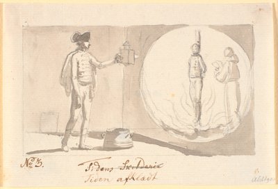 El tiempo desnudo. Un oficial de húsares con una linterna mágica muestra una imagen de un pecador en la hoguera y al lado un monje rezando de Nicolai Abildgaard