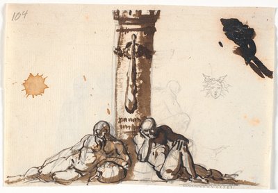 Dos hombres viejos desnudos acostados al pie de un soporte, en el cual cuelga un garrote de Nicolai Abildgaard