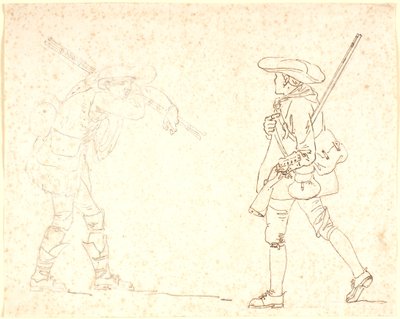 Dos figuras masculinas caminando, una vestida de cazador, la otra llevando un manojo de varas de Nicolai Abildgaard