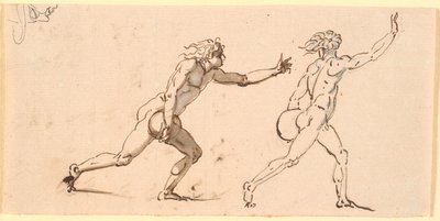 Dos hombres desnudos corriendo hacia la derecha, cada uno con una gran piedra en una mano, y un boceto de un rostro de perfil de Nicolai Abildgaard