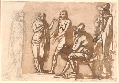 Tres caballeros con trajes del siglo XVII observan a una joven pareja clásica de Nicolai Abildgaard