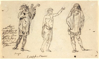 Tres figuras masculinas. La de la izquierda se parece a la figura de Braga en la hoja anterior de Nicolai Abildgaard