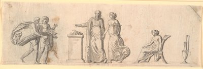 Boceto para la decoración de un campo, probablemente una tabla pintada en un mueble. Figuras antiguas con cestas de flores y espigas en un altar de Nicolai Abildgaard