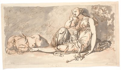 Boceto para un panel de puerta. El sueño, una figura femenina acostada con un niño pequeño y a su lado derecho un león de Nicolai Abildgaard