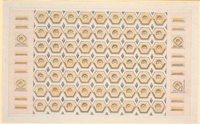 Boceto para techo con casetones hexagonales y rosetones en amarillo y violeta de Nicolai Abildgaard