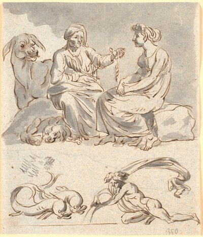 Boceto para escena de "El asno de oro" de Apuleyo, Libro 4. El ama de llaves de la banda de ladrones cuenta a la joven la leyenda de Amor y Psique. Debajo, un par de delfines y una figura desnuda, posiblemente el aguador - signo del zodiaco para febrero y  de Nicolai Abildgaard
