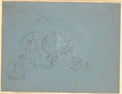 Boceto de escena en el "El asno de oro" de Apuleyo, libro 4. El ama de llaves de la banda de ladrones cuenta a la joven la historia de Amor y Psique de Nicolai Abildgaard