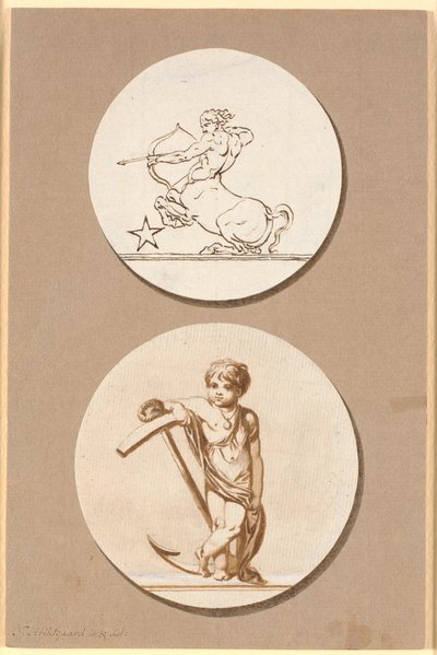 Boceto para dos relieves circulares, arriba un centauro arquero, abajo un niño pequeño apoyado en un ancla de Nicolai Abildgaard