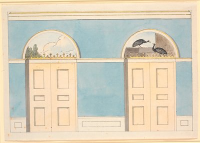 Boceto para decoración de pared con campos semicirculares sobre dos puertas, en paredes azules de Nicolai Abildgaard