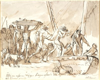 Ullin lleva el cuerpo muerto de Oscar a Escocia. Poemas de Ossian, Temora I de Nicolai Abildgaard