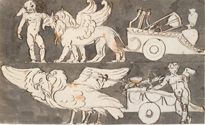 Pequeños ángeles alados en los carros de Apolo y Júpiter, tirados por grifos y águilas de Nicolai Abildgaard