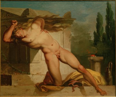 Adrastos se suicida en la tumba de Atys de Nicolai Abraham Abildgaard