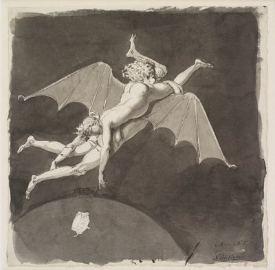 Catalina la Grande, desnuda, volando lejos de la Tierra en la espalda de un hombre con alas de murciélago de Nicolai Abraham Abildgaard