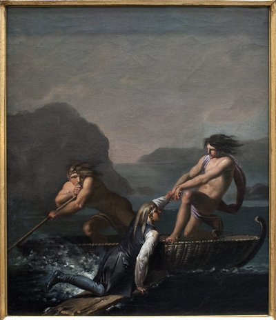 El naufragio Niels Klim salvado por dos Quamites. Extracto de El viaje subterráneo de Niels Klim de Nicolai Abraham Abildgaard