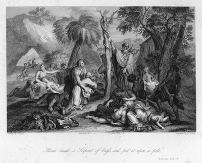 Levantando la Serpiente de Bronce, Números XXI, 9 (grabado) de Nicolas (after) Poussin