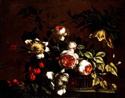 Rosas, peonías y otras flores en un borde de Nicolas (circle of) Baudesson