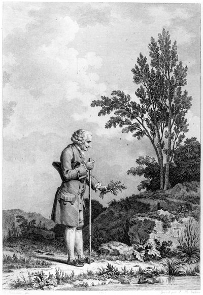 Jean-Jacques Rousseau (1712-78) recogiendo hierbas en Ermenonville, junio 1778, grabado por Louis Michel Halbou de Nicolas Andre Monsiau