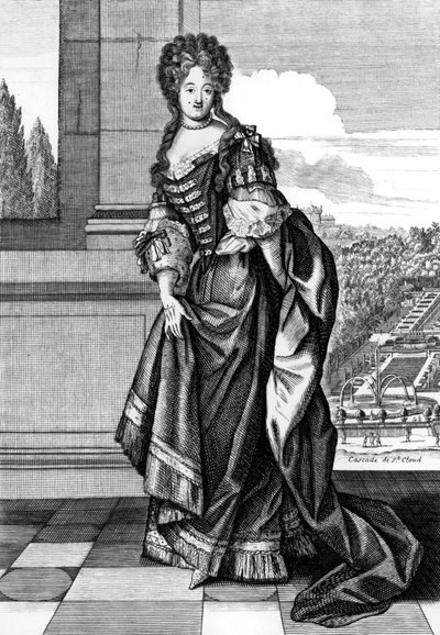 Elisabeth Charlotte de Baviera (1652-1722) apodada Liselotte, Princesa del Palatinado, en 1671 se convirtió en la Duquesa de Orleans, segunda esposa del Duque Felipe de Orleans, grabado por N. Arnoult después de Dieu de Nicolas Arnoult