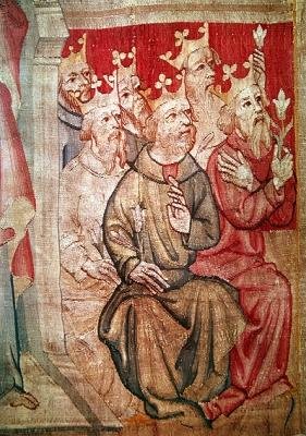 Detalle de Cristo entronizado con las bestias apocalípticas y los veinticuatro ancianos, no. 4 de El Apocalipsis de Angers, 1373-87 (detalle) de Nicolas Bataille