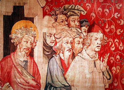 (detalle) Hombres escuchando al ángel prediciendo su tortura, de "El Apocalipsis de Angers", 1373-87 de Nicolas Bataille
