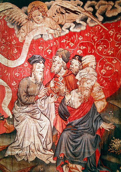 Detalle del ángel trayendo el Evangelio a los hombres, no. 49 de El Apocalipsis de Angers, 1373-87 de Nicolas Bataille