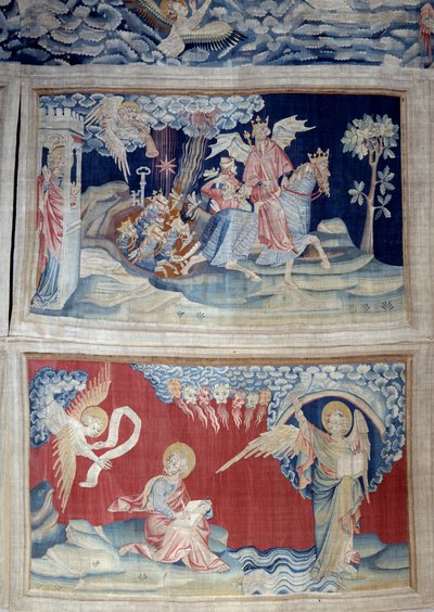 Tapiz del Apocalipsis (1373-1383), n. 24: la quinta trompeta: una llave libera a las langostas. Abajo, n. 27, el Ángel en el libro aparece a San Juan quien transcribe el mensaje divino al sonido de los siete truenos de Nicolas Bataille