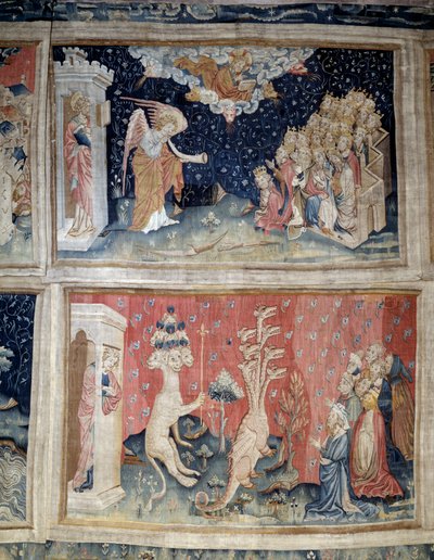 Tapiz del Apocalipsis (1373-1383), n. 24: la séptima trompeta. N. 39: Adoración del Dragón de Nicolas Bataille