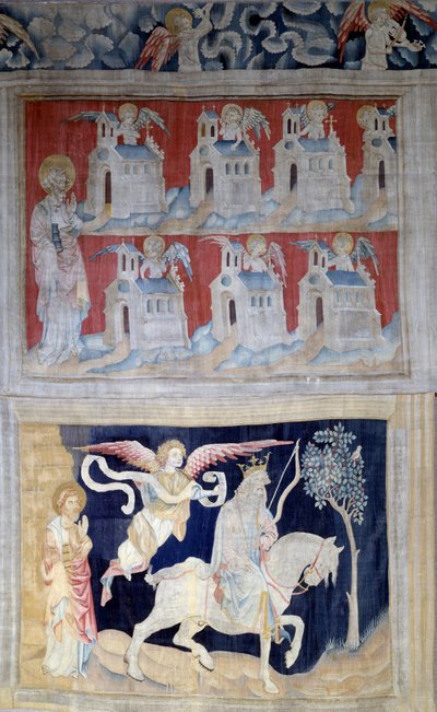Tapiz del Apocalipsis (1373-1383), n. 28: San Juan en Patmos y las siete iglesias de Asia y abajo Primer sello: El vencedor con el caballo blanco. Tapiz de Nicolas Bataille (1330-1405) de Nicolas Bataille