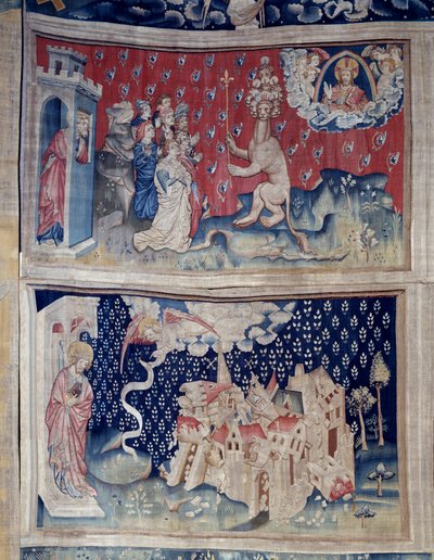Tapiz del Apocalipsis (1373-1383), n. 42: Adoración de la Bestia. N. 49: la caída de Babilonia de Nicolas Bataille
