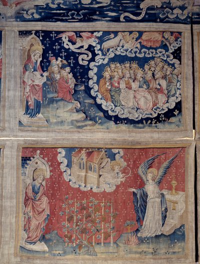 Tapiz del Apocalipsis (1373-1383), n. 48: la ascensión del Cordero, el canto de los elegidos. Abajo, n. 54, un ángel sale del templo con una hoz afilada, otro ángel le ordena cosechar los racimos de las viñas de la tierra de Nicolas Bataille