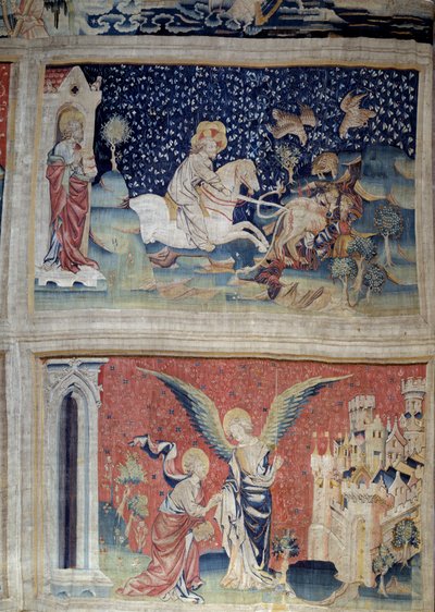 Tapiz del Apocalipsis (1373-1383), n. 70: la Palabra de Dios carga las remolachas. N. 74: San Juan ante el Ángel y la Nueva Jerusalén de Nicolas Bataille