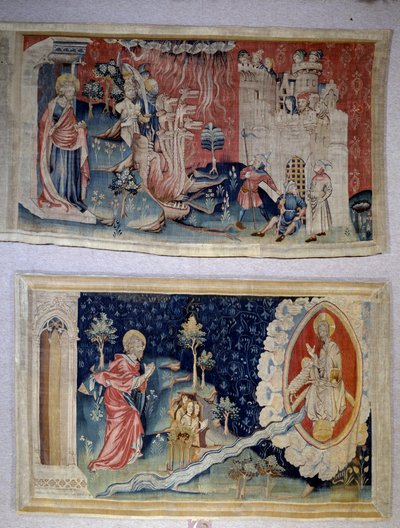 Tapiz del Apocalipsis (1373-1383), n. 72: Satanás asedia la ciudad. N. 74: San Juan ante Cristo de Nicolas Bataille
