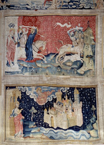 Colgadura del Apocalipsis (1373-1383), n. 69: el verbo de Dios carga las Bestias. N. 73: la Ciudad Santa o Nueva Jerusalén. de Nicolas Bataille