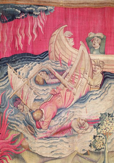 La segunda trompeta y el naufragio, detalle de los barcos hundiéndose, número 21 de El Apocalipsis de Angers de Nicolas Bataille