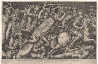 Soldados romanos luchando contra los dacios, escena de batalla en poca profundidad con caballos, 1553 de Nicolas Beatrizet