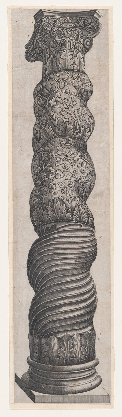 Speculum Romanae Magnificentiae: Columna Enroscada Grotesca en San Pedro, siglo XVI de Nicolas Beatrizet