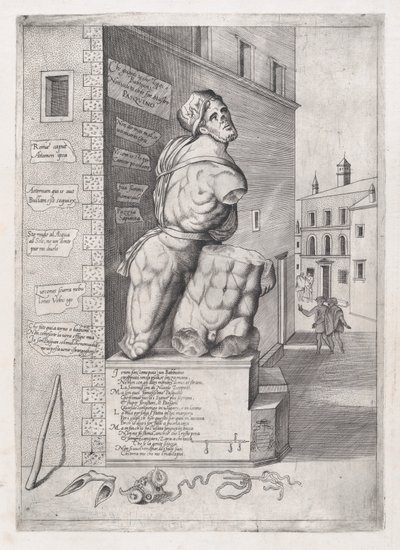 Speculum Romanae Magnificentiae: Estatua de Pasquino en la casa del Cardenal Ursino de Nicolas Beatrizet