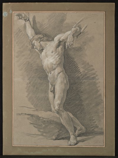 Academia de un hombre desnudo con los brazos atados con cuerdas (tiza blanca y negra sobre papel gris) de Nicolas Bernard Lepicie