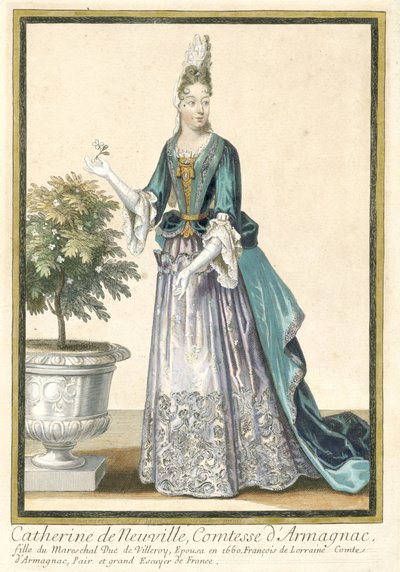 Estampas francesas que propagan la moda francesa : Retrato de Catherine de Neuville, Condesa de Armagnac
Catherine de Neuville, Condesa de Armagnac, gekleed volgens de Franse mode ca. 1685 de Nicolas Bonnart (fils)
