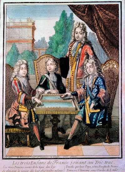 Los nietos de Luis XIV (1638-1715), Luis Duque de Borgoña (m. 1712), Felipe, Duque de Anjou (1683-1746), y Carlos, Duque de Berry con su padre, Luis (m. 1711), delfín de Francia, jugando al tric trac (Trictrac o Trictrac: ancestro del backgammon) de Nicolas Bonnart