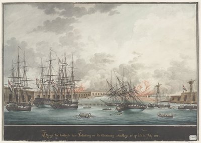 Vista de las baterías frente a Palembang después de la Victoria a las 12 horas del 24 de julio de 1821 (título en el objeto) de Nicolas Cammillieri
