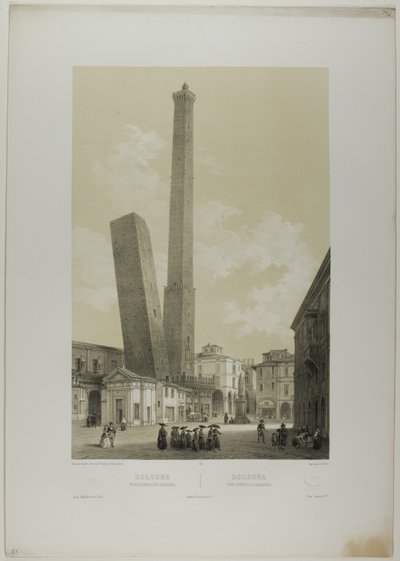 Bolonia: Las torres Asinelli y Garisenda, lámina 40 de Italie Monumentale et Pittoresque de Nicolas Chapuy