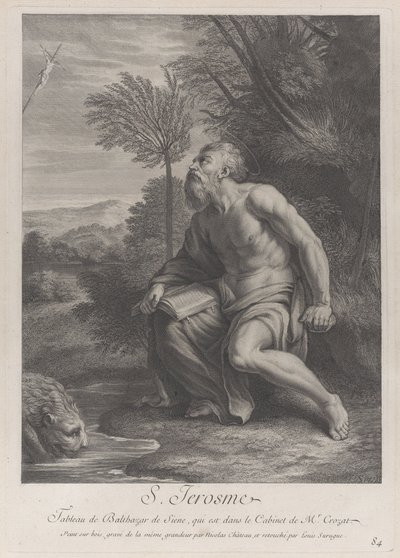 San Jerónimo sentado junto a un árbol mirando un crucifijo, un león bebiendo agua de un arroyo..., 1728 de Nicolas Chateau