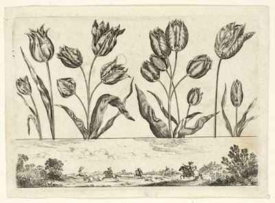 Flores y escena de caza, del Livre Nouveau de Fleurs de Nicolas Cochin