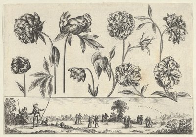 Panel horizontal con una fila de flores sobre un friso con figuras en un paisaje, de Li..., 1645 de Nicolas Cochin