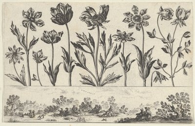 Panel Horizontal con una Fila de Flores sobre un Friso con Figuras en un Paisaje, de Li..., 1645 de Nicolas Cochin