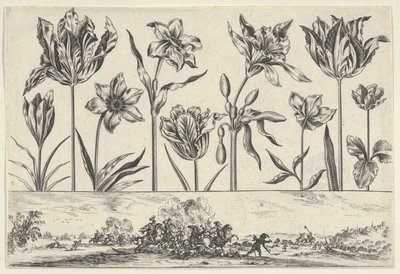 Panel horizontal con una fila de flores sobre un friso con una escena de batalla en un paisaje, 1645 de Nicolas Cochin