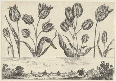 Panel horizontal con una fila de flores sobre un friso con una escena de caza en un paisaje, 1645 de Nicolas Cochin